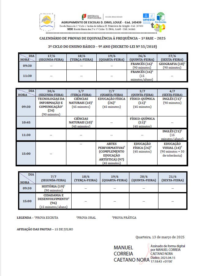 Calendário PEF 1 fase 2025