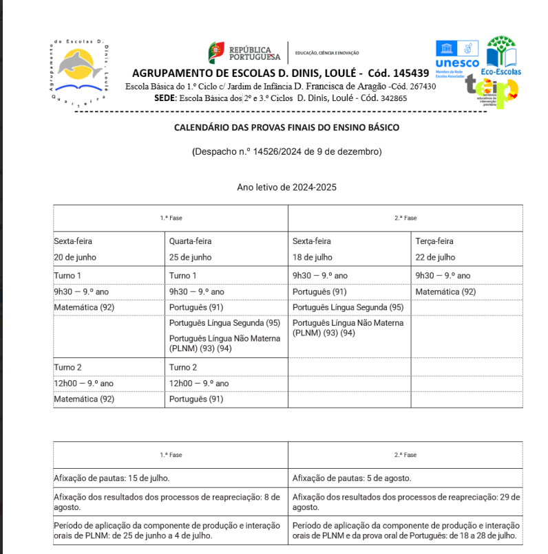 Calendário PFinais Ensino Básico